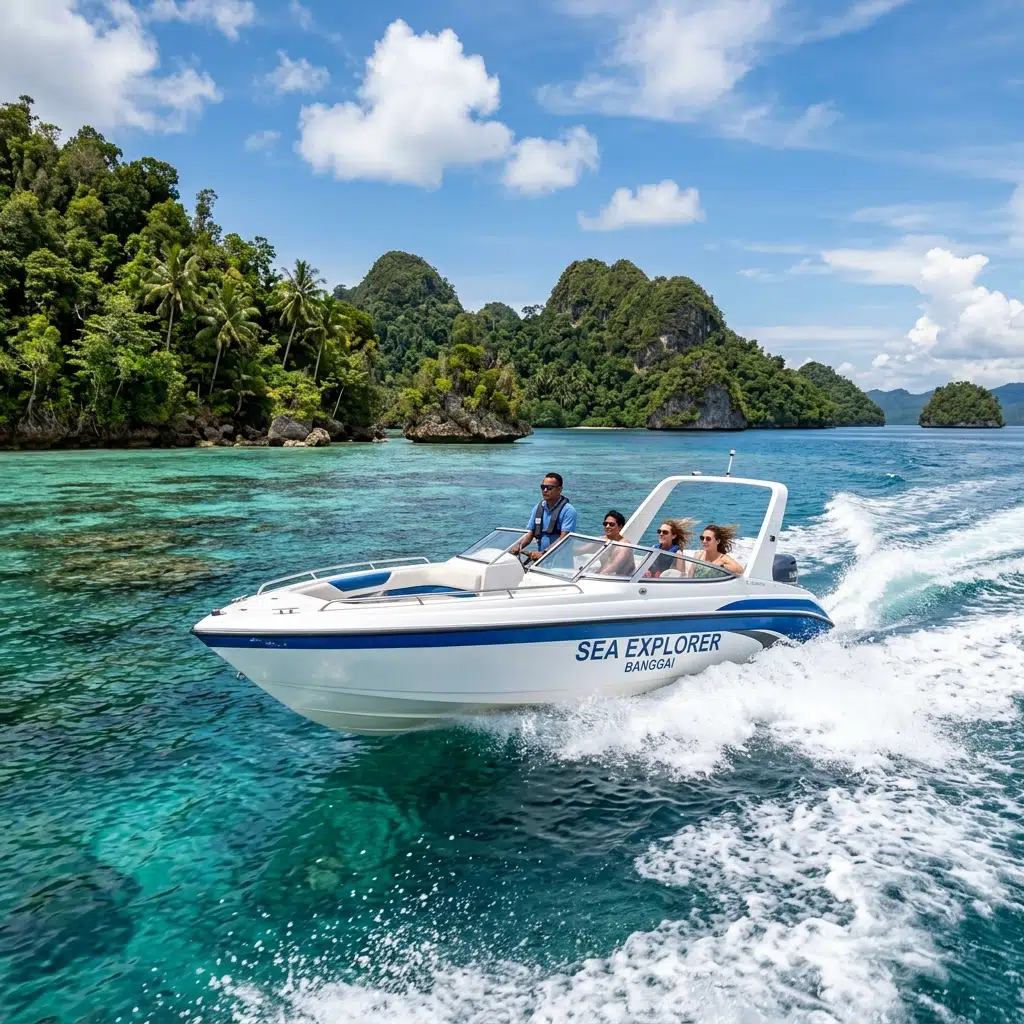 Speedboat navigating through beautiful tropical islands of Banggai with clear blue water