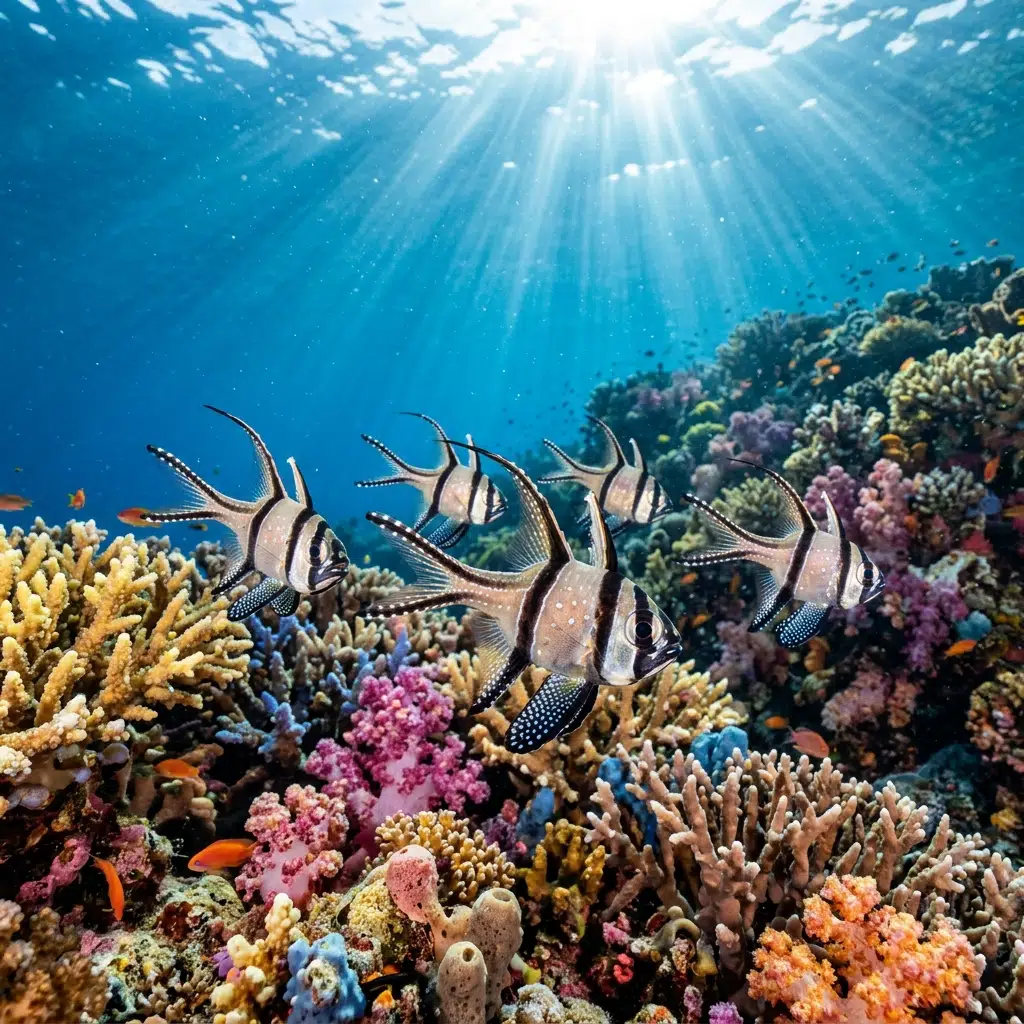 Banggai cardinalfish swimming near a healthy colorful coral reef underwater