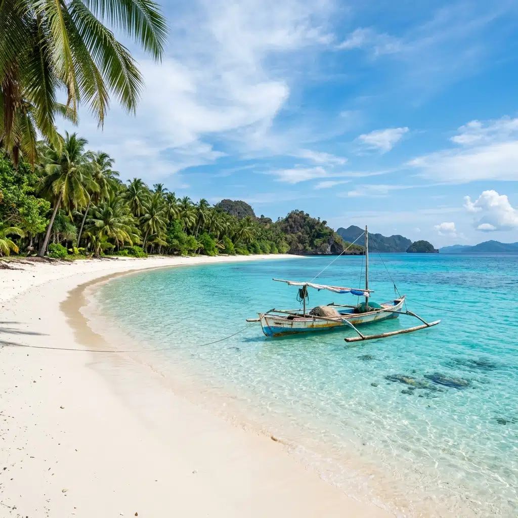 Pristine white sand beach in Banggai Laut with clear turquoise ocean