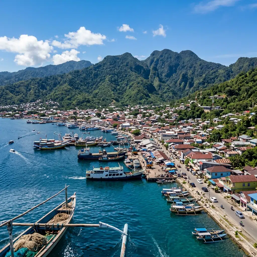 View of Luwuk coastal town from the water with lush mountains in the background