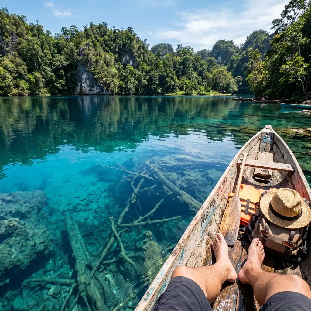Perspective from a wooden boat on Paisupok Lake showing perfectly clear blue water