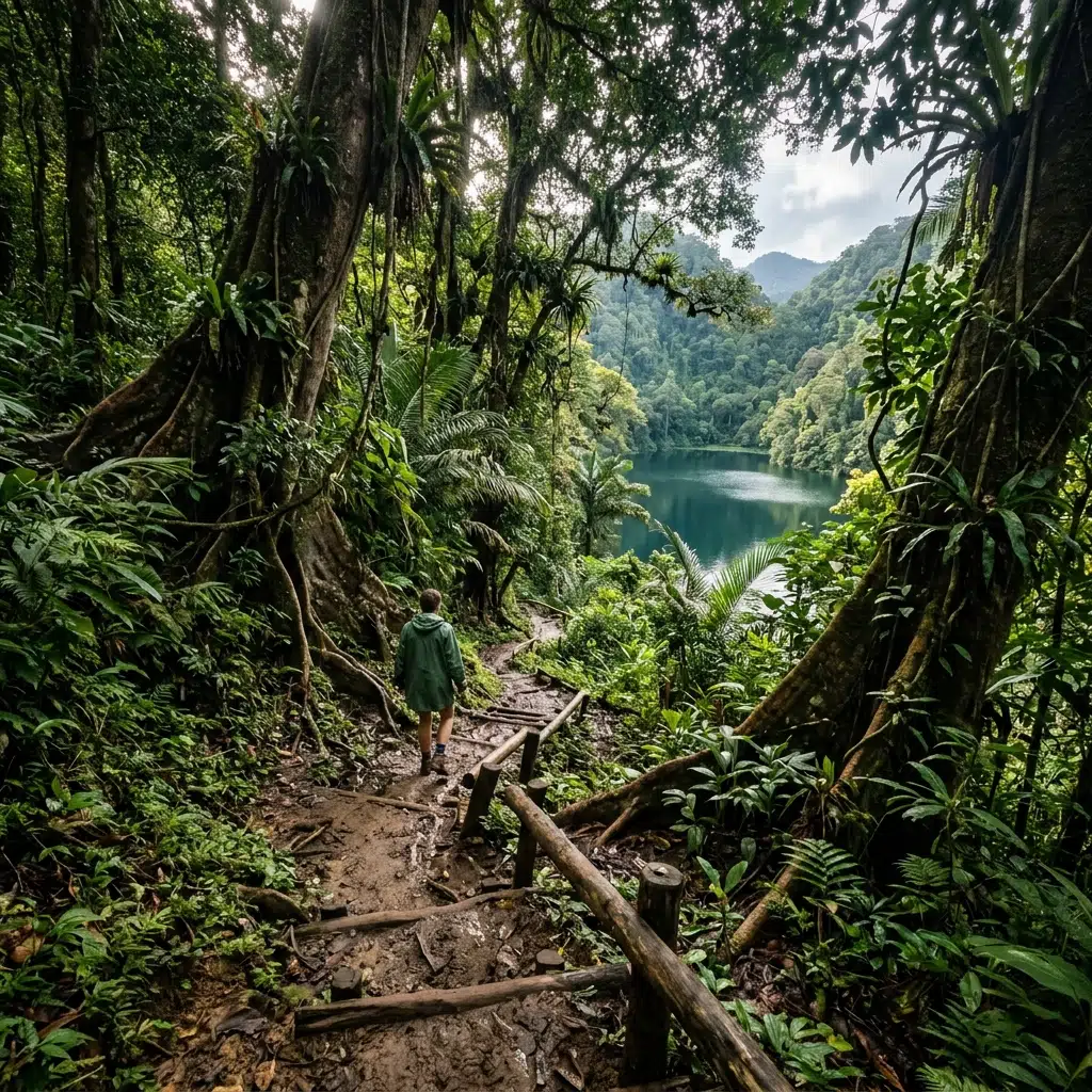 Lush tropical jungle trail leading to Paisupok Lake