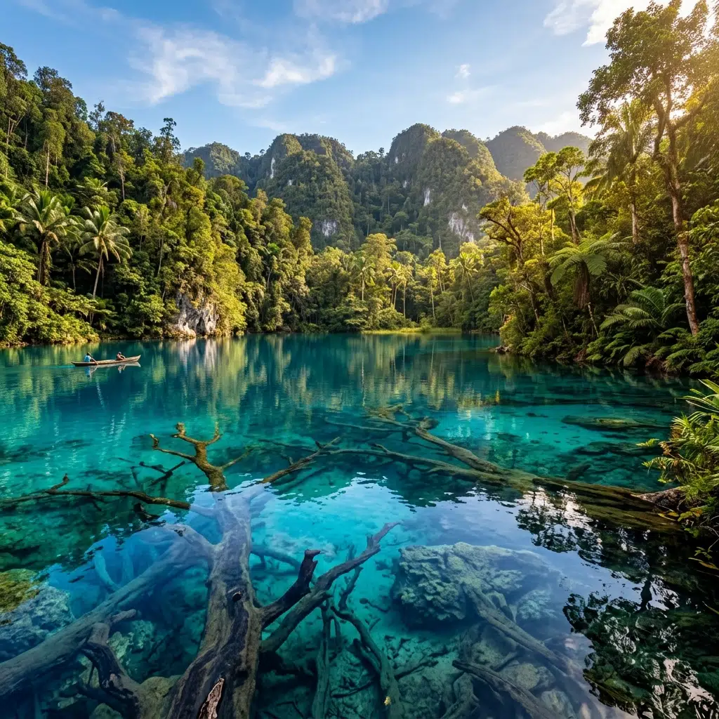 Hyper-realistic crystal clear azure water of Paisupok Lake with submerged trees