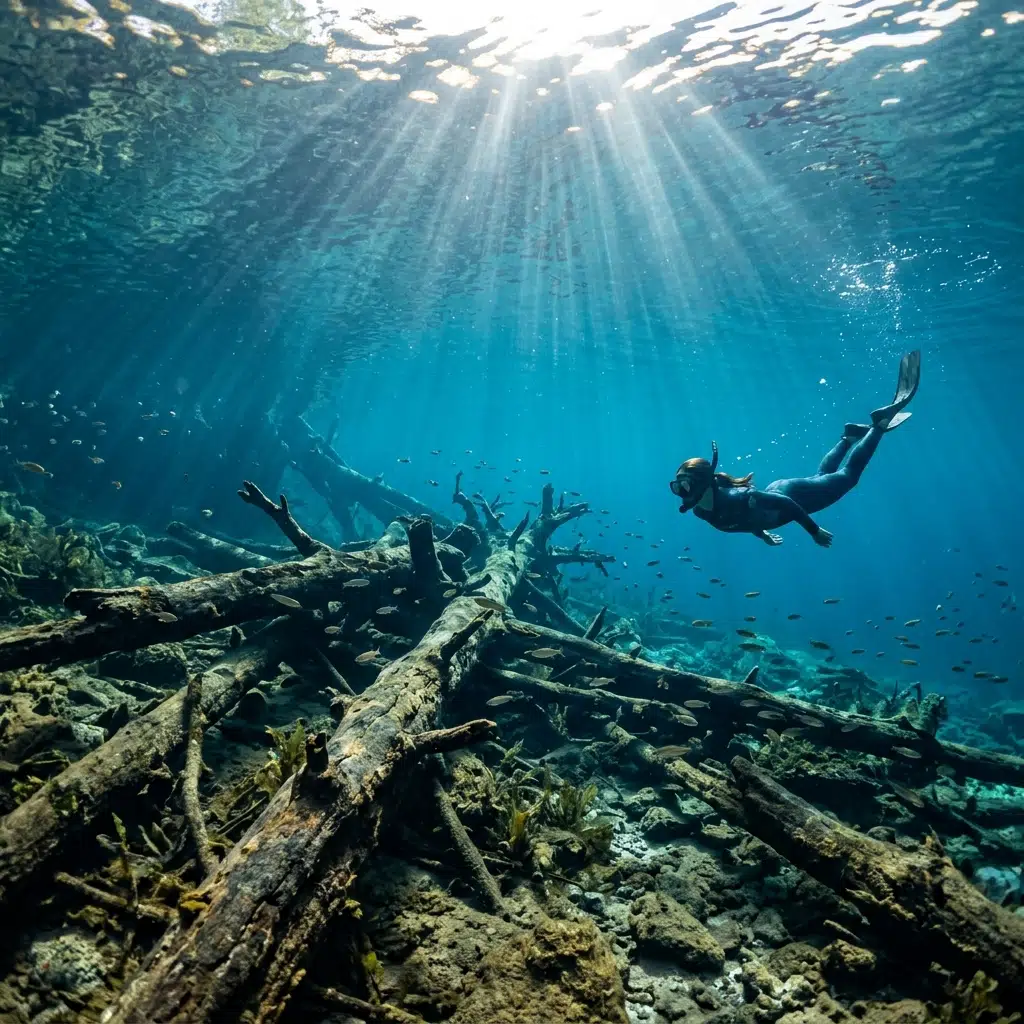 Underwater view of Paisupok Lake showing crystal clear water and sunken tree trunks