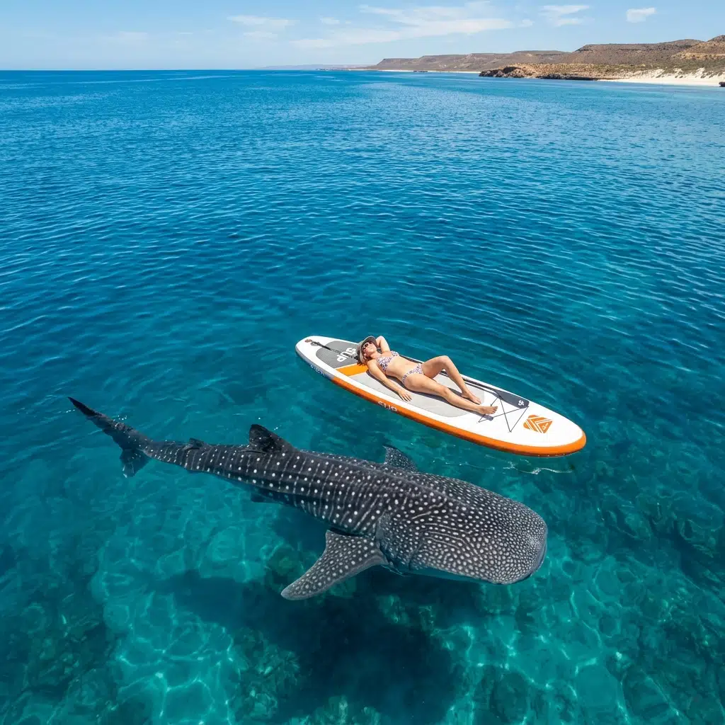 Whale shark swimming next to a paddleboarder during a Gorontalo and Banggai Islands tour